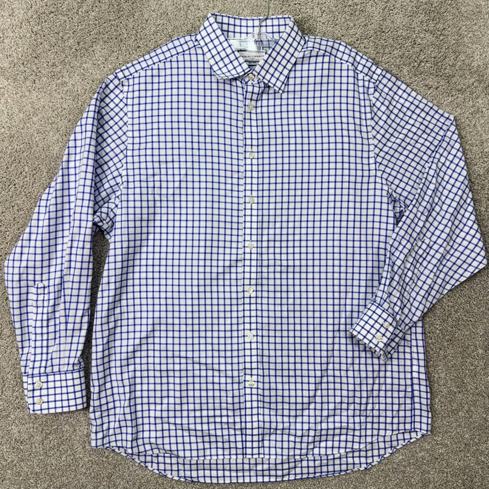 Charles Tyrwhitt Shirt Mens 17.5 36 Classic Fit Blue White Check Non-Iron EUC